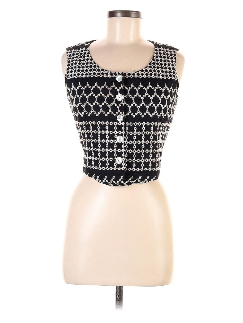 Ann Taylor Black & White Embroidered Geometric Vest
